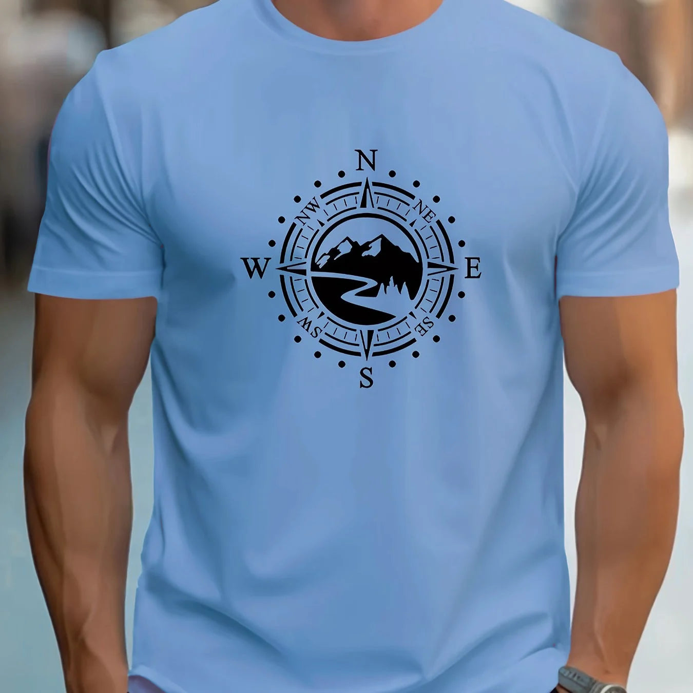 T-shirt Masculina Casual de Verão com Estampa de Bússola – Confortável e Estilosa