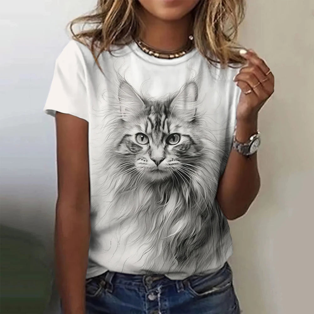 Camiseta Feminina Gato Estampa 3D Oversized Casual Verão