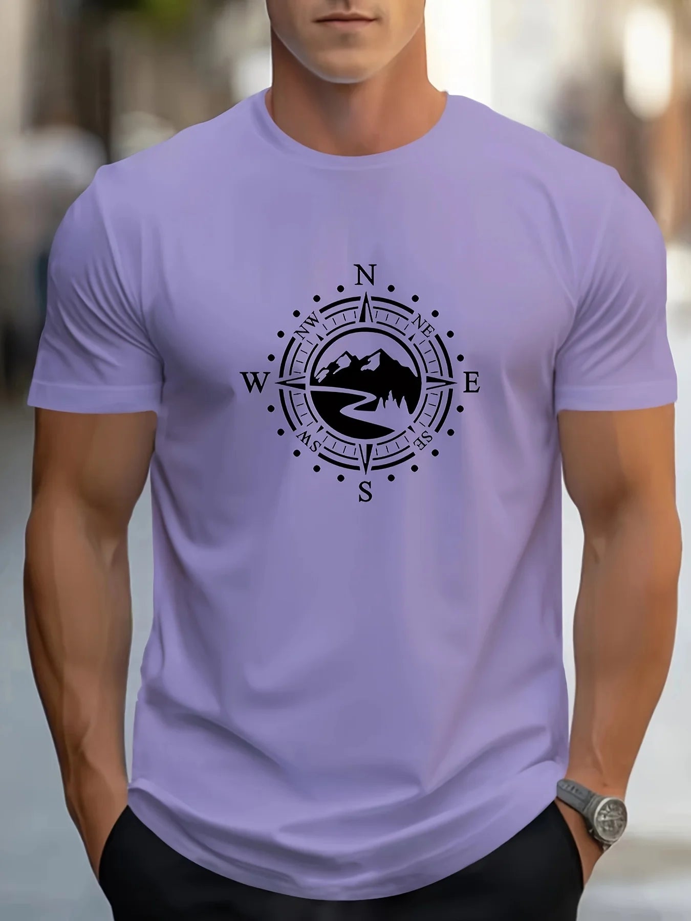 T-shirt Masculina Casual de Verão com Estampa de Bússola – Confortável e Estilosa