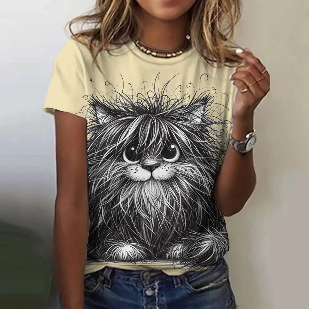 Camiseta Feminina Gato Estampa 3D Oversized Casual Verão