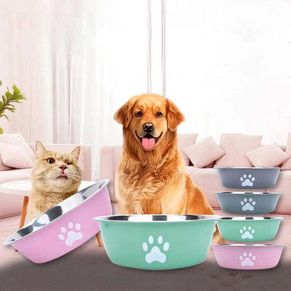 Comedouro Duplo Inox Antiderrapante para Cães e Gatos – Alta Capacidade com Estampa de Patinha