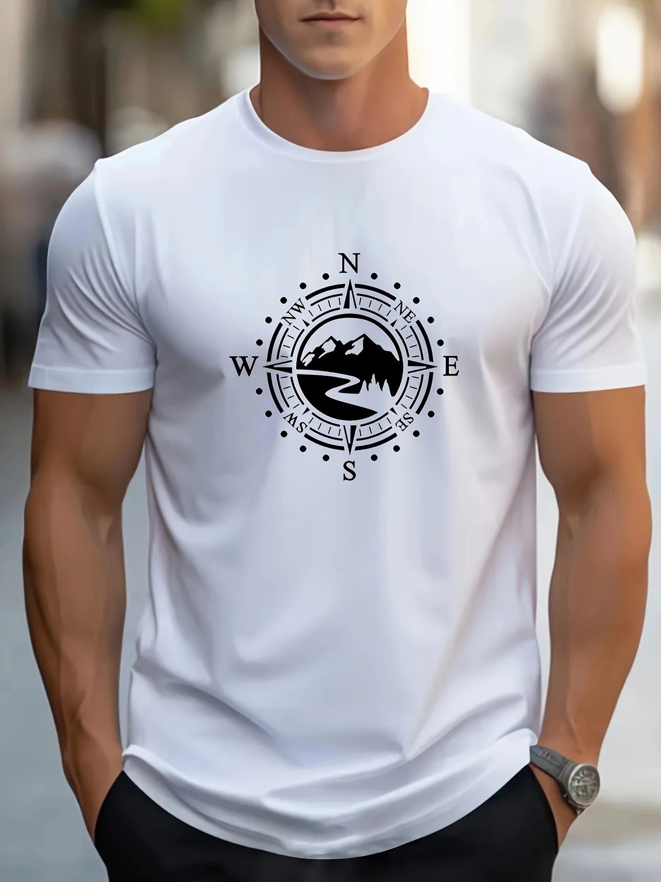 T-shirt Masculina Casual de Verão com Estampa de Bússola – Confortável e Estilosa