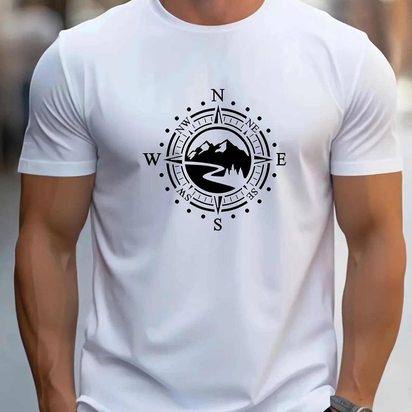 T-shirt Masculina Casual de Verão com Estampa de Bússola – Confortável e Estilosa