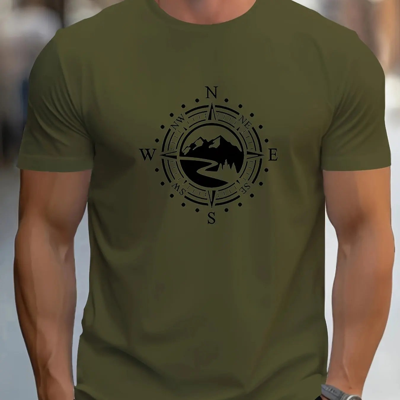 T-shirt Masculina Casual de Verão com Estampa de Bússola – Confortável e Estilosa