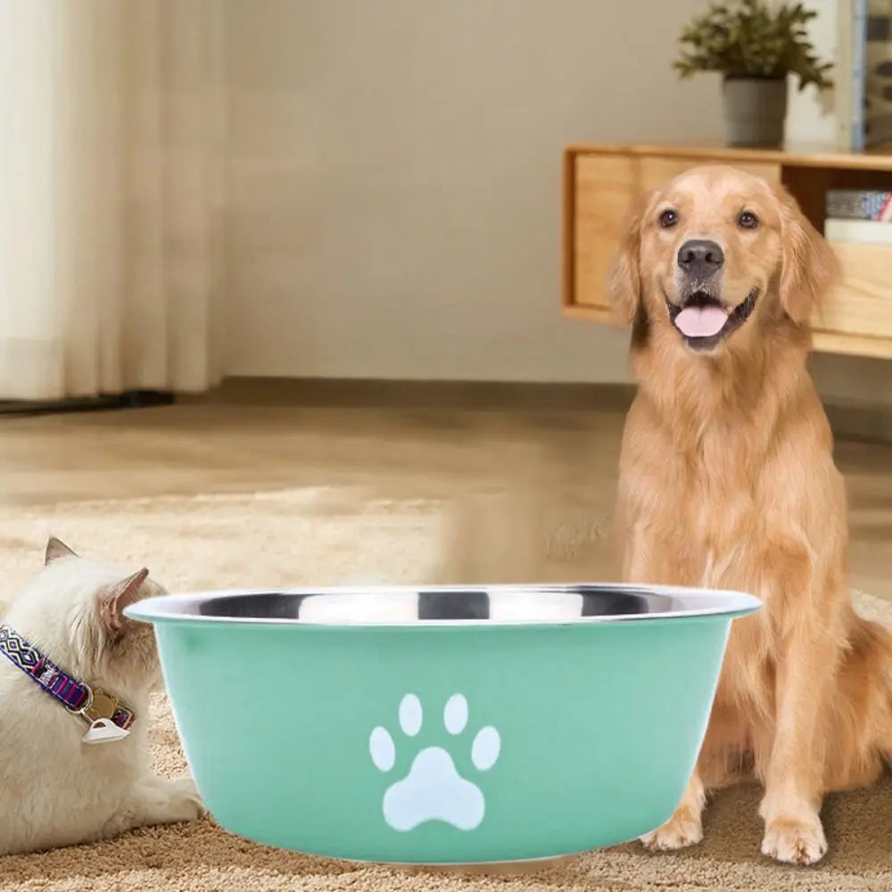Comedouro Duplo Inox Antiderrapante para Cães e Gatos – Alta Capacidade com Estampa de Patinha