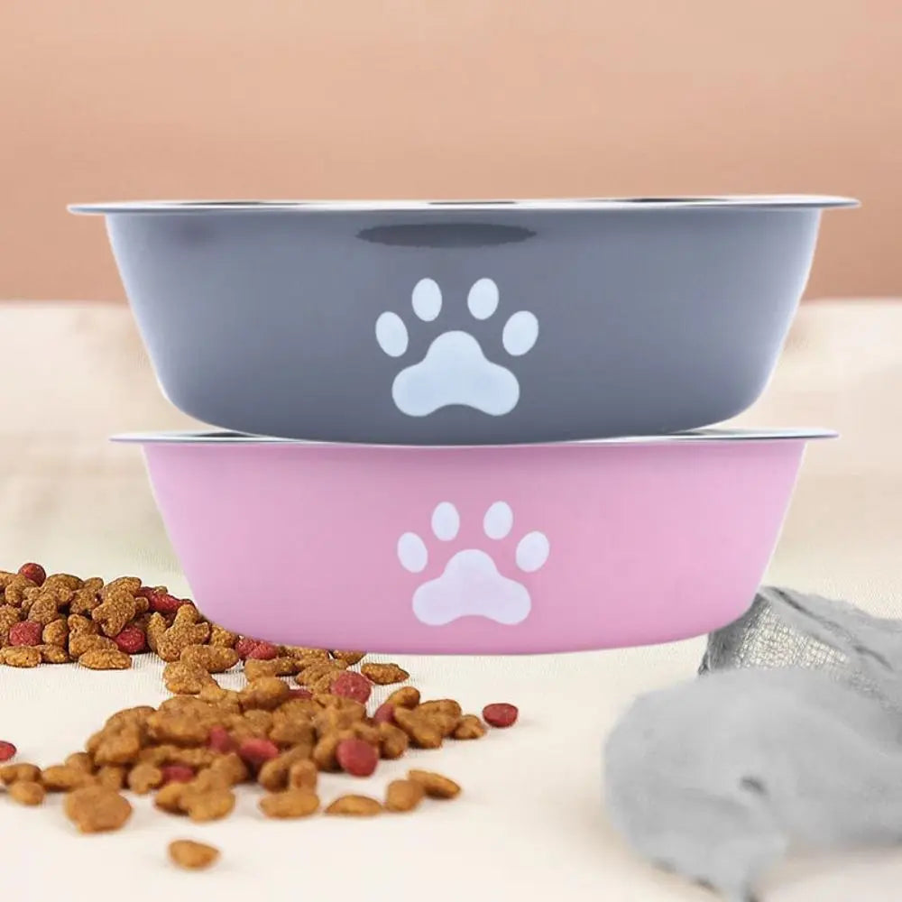 Comedouro Duplo Inox Antiderrapante para Cães e Gatos – Alta Capacidade com Estampa de Patinha