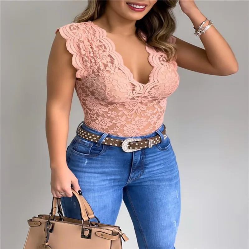 Blusa Feminina Rendada Sem Mangas – Decote V Profundo