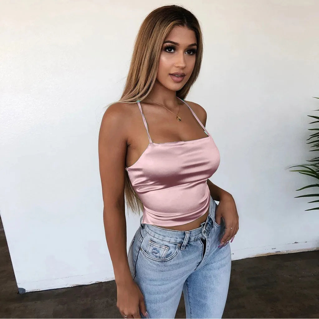 Top Feminino Slim em Seda Gelada – Tomara que Caia com Amarração nas Costas