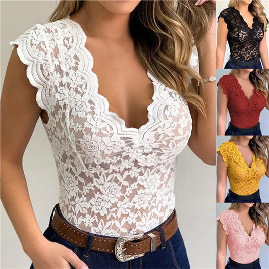 Blusa Feminina Rendada Sem Mangas – Decote V Profundo
