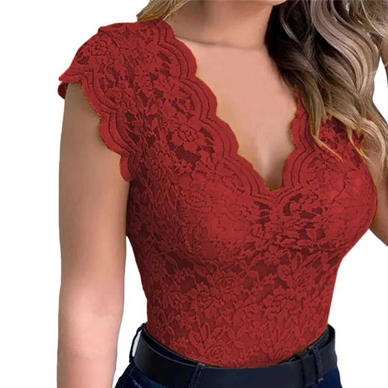 Blusa Feminina Rendada Sem Mangas – Decote V Profundo