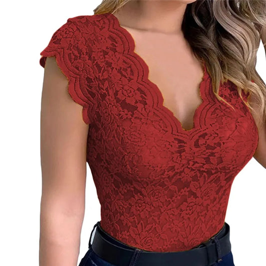 Blusa Feminina Rendada Sem Mangas – Decote V Profundo