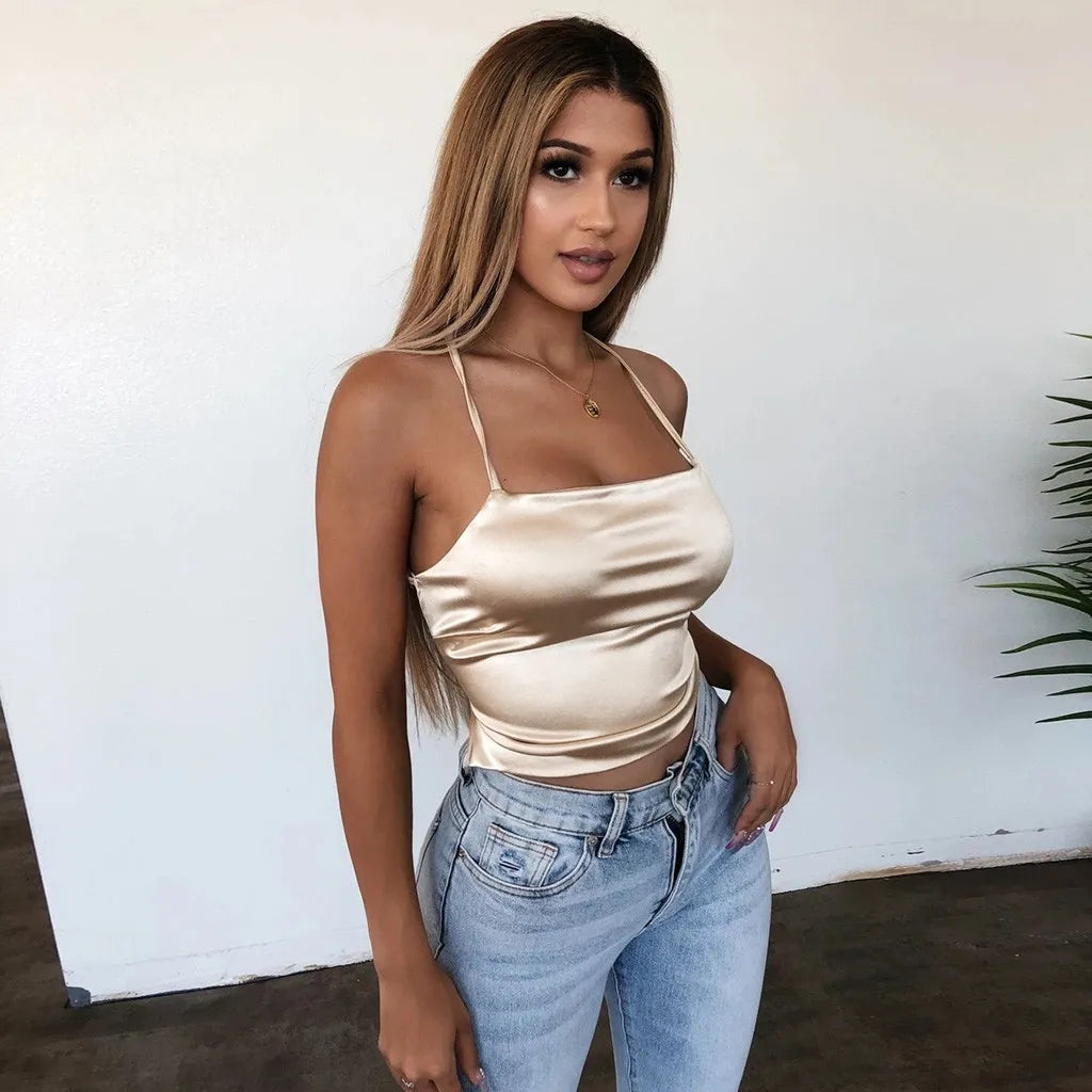 Top Feminino Slim em Seda Gelada – Tomara que Caia com Amarração nas Costas