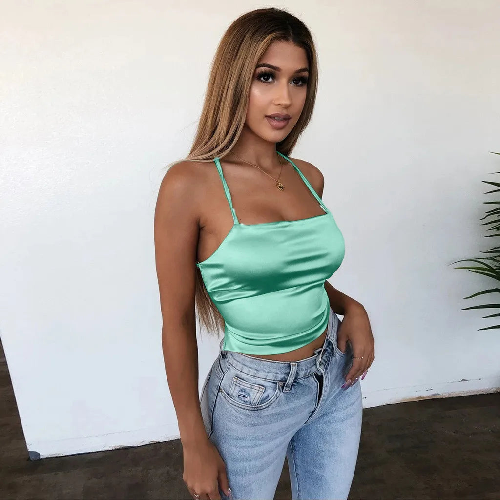 Top Feminino Slim em Seda Gelada – Tomara que Caia com Amarração nas Costas
