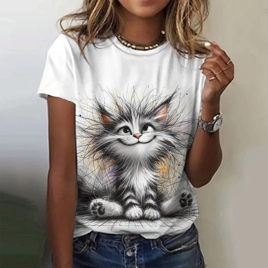Camiseta Feminina Gato Estampa 3D Oversized Casual Verão