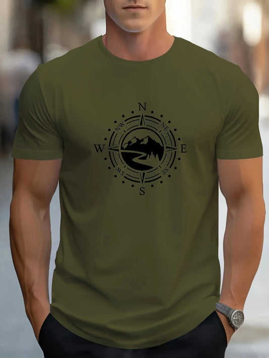 T-shirt Masculina Casual de Verão com Estampa de Bússola – Confortável e Estilosa