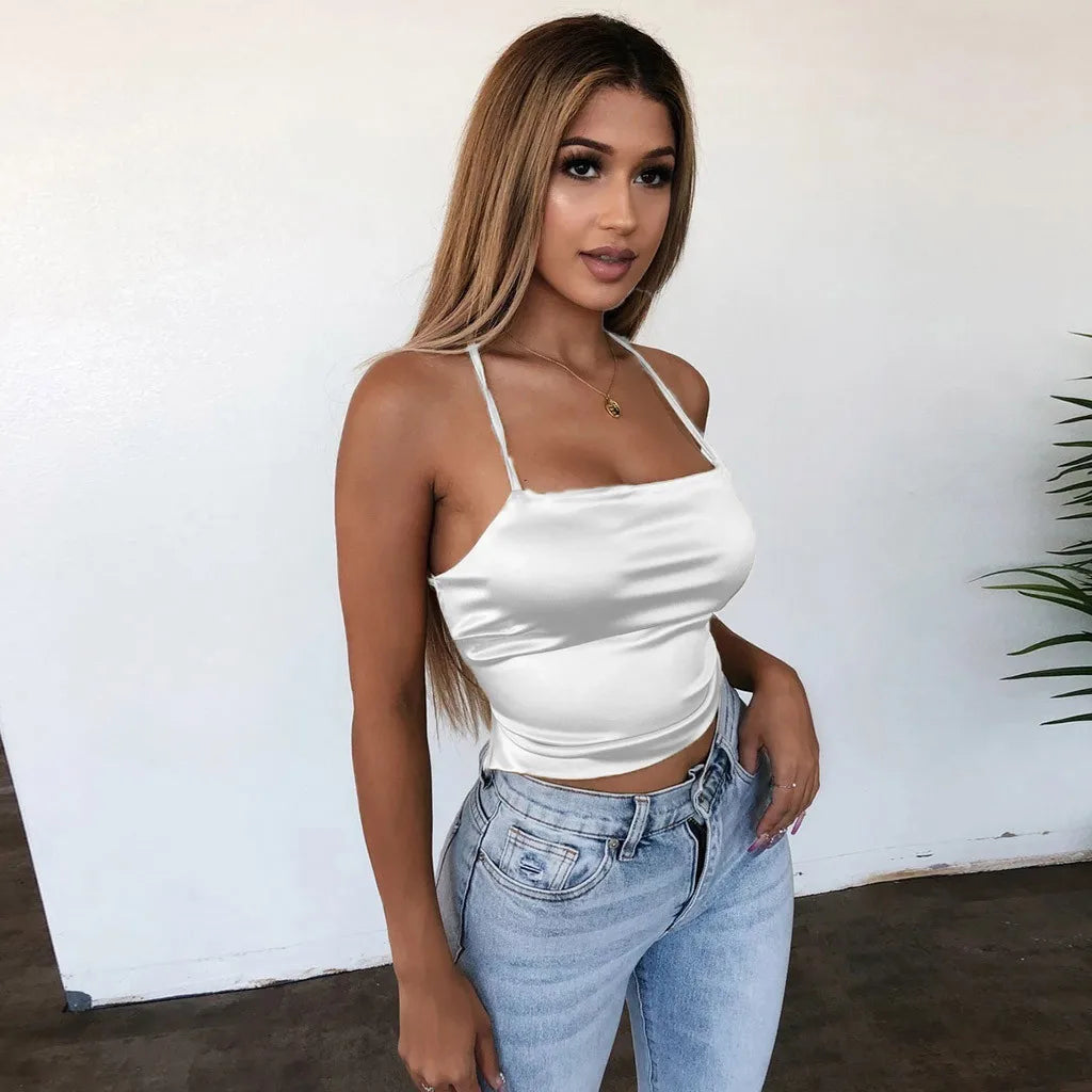Top Feminino Slim em Seda Gelada – Tomara que Caia com Amarração nas Costas